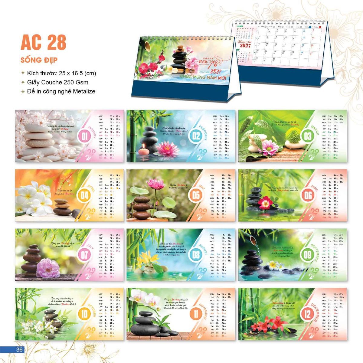 Lịch Bloc 2027 AC Mẫu AC28 - Sống Đẹp (25 x 16 cm) In Logo Doanh Nghiệp Lịch Bloc 2027 AC Mẫu AC28 - Sống Đẹp (25 x 16 cm) in logo doanh nghiệp quà tặng Tết